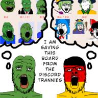 anime bant_(4chan) blue_hair cirno clothes crying discord flag flag:germany frog germany glasses green_hair green_skin hakurei_reimu hat koishi_komeiji komeiji_koishi multiple_soyjaks open_mouth pepe shiki_eiki soyjak stubble subvariant:wholesome_soyjak thought_bubble touhou tranny tuxedo variant:a24_slowburn_soyjak variant:bernd variant:cryboy_soyjak variant:feraljak variant:gapejak variant:markiplier_soyjak2 variant:pepejak variant:soyak video_game // 1080x1080 // 415.9KB