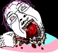 black_background blood bloodshot_eyes coughing_up_blood crazy glasses gore higurashi maggots red_eyes scratch stubble suicide throat tongue tongue_out tranny variant:bernd yellow_teeth // 768x719 // 41.4KB
