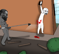 blood bloodshot_eyes cryboy crying drawn_background full_body grass nas:gigachad open_mouth road side_profile subvariant:crying_soyak2 torture traced variant:soyak violence wall weedwhacker wood // 1105x1000 // 276.4KB