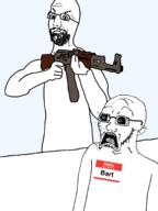 2soyjaks ak-47 angry arm bart beard closed_mouth distorted ear firearm glasses gun hand hello_my_name_is_(sticker) holding_gun holding_object holding_rifle imminent_death murder name_tag open_mouth rifle scared soyjak stubble subvariant:doctos tongue transparent_background variant:bartender variant:soyak // 1536x2048 // 373.3KB