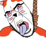 animal bloodshot_eyes cat crying ear glasses hanging marsey open_mouth rdrama rope soyjak stubble suicide tongue variant:cobson yellow_teeth // 768x719 // 26.4KB