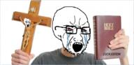 2soyjaks bible book christianity clothes cross crying cuck glasses hand holding_book holding_object irl jesus open_mouth soyjak stretched_mouth stubble variant:soyak // 599x289 // 229.3KB