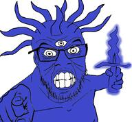 arm blue_skin clenched_teeth ear glasses hand holding_object monster multiple_eyes mustache pointing pointing_at_viewer soyjak stubble sword variant:feraljak wrinkles // 1600x1482 // 330.8KB