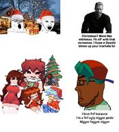 award badge black_skin blue_hair boyfriend_(friday_night_funkin') cap christmas closed_mouth clothes fnf_pedo friday_night_funkin' gigachad girlfriend_(friday_night_funkin') glasses hair hat looking_to_the_left meme merge neutral pedophile santa_hat soyjak stinky stubble subvariant:chudplier sweating text variant:chudjak variant:markiplier_soyjak variant:tony_soprano_soyjak yellow_sclera // 1023x1126 // 782.1KB