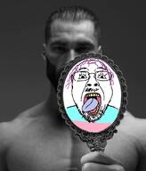 gigachad glasses hair mirror mustache open_mouth purple_hair soyjak stubble tongue tranny variant:bernd // 853x1000 // 324.6KB