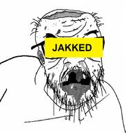 blacked blood bloodshot_eyes brain cross_eyed drool glasses jakked mucus mustache open_mouth rotten_teeth soyjak stubble text variant:feraljak yellow_eyes zombie // 830x869 // 167.6KB