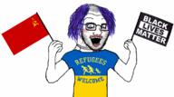 animated arm black_lives_matter clothes communism glasses hammer_and_sickle holding_flag holding_object lipstick makeup mustache necklace open_mouth purple_hair refugees_welcome soviet_union soyjak star stubble subvariant:crazed_troonjak subvariant:soyak_(crazed) text tranny tshirt ukraine variant:soyak // 1126x629 // 516.2KB