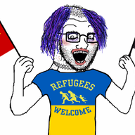 animated arm black_lives_matter clothes communism glasses hammer_and_sickle holding_flag holding_object lipstick makeup mustache necklace open_mouth purple_hair refugees_welcome soviet_union soyjak star stubble subvariant:crazed_troonjak subvariant:soyak_(crazed) text tranny tshirt ukraine variant:soyak // 1126x629 // 516.2KB