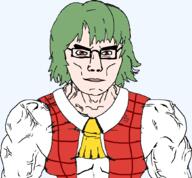 angry anime buff closed_mouth clothes female frown glasses green_hair hair kazami_yuuka muscles red_eyes soyjak subvariant:chudjak_front subvariant:female_muscular_chud subvariant:muscular_chud touhou variant:chudjak vein video_game white_skin // 1051x973 // 44.5KB