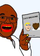 3soyjaks arm black_skin blue_eyes buck_breaking clothes deformed ear glasses hair hand history holding_object open_mouth pun red_lips slave smile soyjak soyjak_party subvariant:emmanuel subvariant:wholesome_soyjak text variant:bucky_d_cuck variant:gapejak variant:impish_soyak_ears white_skin yellow_hair yellow_sclera yellow_teeth // 569x796 // 60.6KB