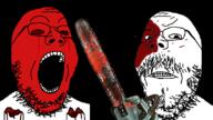 angry blood brutal chainsaw crying death funky_town glasses gore horror mustache open_mouth red_eyes skinned_face soyjak stubble torture variant:gapejak // 1095x617 // 365.2KB