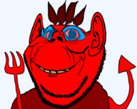 bloodshot_eyes blue_glasses broot cheeks demon distorted eyebrows glasses grin horn laughing leaf leaves looking_at_you pointy_ears red_eyes satan smile spear stubble tail tinted_glasses variant:impish_soyak_ears yellow_teeth // 941x754 // 41.6KB