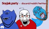 3soyjaks amerimutt antenna bird blue_skin clothes discord hanging logo mutt reddit soyjak soyjak_party stubble subvariant:impish_amerimutt text tranny twitter variant:bernd variant:el_perro_rabioso variant:impish_soyak_ears // 1728x1032 // 564.7KB