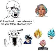 2soyjaks anime bulging_eyes crying dragon_ball glasses hair hand open_mouth red_eyes soyjak stubble subvariant:waow text tongue variant:soyak waow // 1280x1162 // 165.3KB