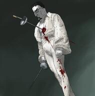 arm art background blood classical_art_parody closed_eyes closed_mouth clothes crying fencing frown glasses hair hand high_quality holding_object holding_sword imminent_death leg meta:featured rapier remastered shiny side_profile stab sword torso variant:chudjak wound yukio_mishima // 1988x2004 // 2.4MB