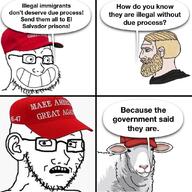 2soyjaks blond blond_beard calarts chad due_process el_salvador illegal_immigrants maga maga_hat sheep variant:soyak wojak // 1080x1080 // 135.1KB