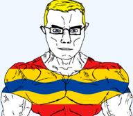 arm blue_eyes buff closed_mouth clothes flag flag:overjissel glasses hair netherlands overjissel soyjak subvariant:chudjak_front subvariant:muscular_chud transparent transparent_background tshirt variant:chudjak vein yellow_hair // 1059x929 // 63.8KB