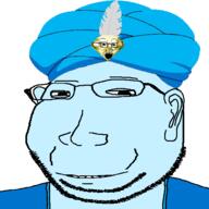 2soyjaks blue blue_skin citrine clothes ear eyelids feather gem genie glasses gold hat objectsoy open_mouth robe small_eyes smile soyjak stubble subvariant:massjak subvariant:wholesome_soyjak turban variant:gapejak variant:soyak x_(4chan) yellow // 600x600 // 39.7KB