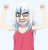 anime arm blue_eyes blue_hair closed_mouth clothes female gawr_gura glasses hair hand hololive sleeveless_shirt smile smug soyjak variant:chudjak vtuber white_hair white_skin // 496x511 // 153.3KB
