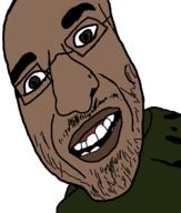 brown_skin clothes glasses green_eyes mustache open_mouth soyjak stubble variant:unknown // 612x720 // 25.1KB