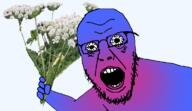 angry arm bald blue_skin crazed earless eye_bags eyebags finger flower flushed forehead_lines forehead_wrinkles giant_hogweed glasses gradient hand holding_object leaf open_mouth plant shirtless soyjak stubble translucent translucent_background transparent transparent_background trend:colorjak variant:yurjak vein veiny_eyes // 768x442 // 238.9KB