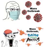 2soyjaks arm bald beard bee beret clothes combee coronavirus_pandemic eyes_popping forehead_lines forehead_wrinkles glasses hair hand hands_up hat hisui logo mask mouth_mask nintendo open_mouth pokemon pokémon_legends:_arceus rei_(pokemon) soyjak stretched_chin stretched_mouth stubble subvariant:waow subvariant:wewjak surgical_mask text thing_japanese tongue variant:soyak video_game virus waow woaw yellow_teeth // 1080x1148 // 938.8KB