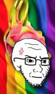 anger_mark angry closed_mouth clothes dragonfruit flag food foodjak fruit gay glasses hat lgbt rainbow soyjak stubble subvariant:soyak_(irritated) variant:soyak // 592x1000 // 1.1MB