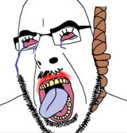 bloodshot_eyes crying glasses hanging open_mouth rope soyjak stubble suicide tongue variant:cobson // 676x707 // 224.7KB