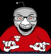 antenna black_background clothes evil fingernail glasses hand keyboard open_mouth orange_eyes reddit redditard shadow snoo soyjak stubble typing variant:el_perro_rabioso // 1906x2048 // 742.0KB