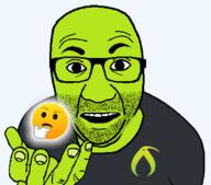 artist:bucephalus_(kiwi_farms) clothes glasses green_skin hand holding_object kiwifarms looking_at_you open_mouth perro_hold series:kiwiperros soyjak sticker stubble subvariant thinking thunk-provoking transparent_background tshirt variant:el_perro_rabioso 🤔 // 820x720 // 59.5KB
