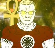 ankh arm buff closed_mouth clothes ear glasses glowing_eyes hair sonnenrad soyjak space subvariant:chudjak_front subvariant:muscular_chud swastika tattoo tshirt variant:chudjak vein yellow_eyes yellow_hair // 1059x929 // 763.9KB