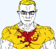 animal arm aryan blue_eyes british buff closed_mouth clothes dragon ear england eyes_like_the_o-o-cean flag flag:somerset glasses hair somerset soyjak subvariant:chudjak_front subvariant:muscular_chud tshirt united_kingdom variant:chudjak vein yellow_hair // 1059x929 // 143.8KB