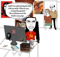 3soyjaks book bookshelf bust che_guevara clothes communism computer ear full_body glasses hair hammer_and_sickle internet_computer joseph_stalin millions_must_die notebook old pencil poster red_star soyjak speech_bubble sticker subvariant:pol_face text the_capital variant:chudjak vladimir_lenin // 2250x2144 // 1.8MB