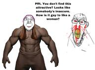 2soyjaks angry bloodshot_eyes buff clenched_teeth closed_mouth ear gay glasses muscles nosebleed purple_hair smile soyjak stubble subvariant:feralrage text tranny variant:bernd variant:feraljak yellow_teeth // 680x502 // 246.6KB