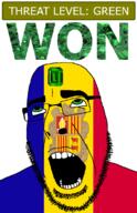 ahegao andorra animal country cow emerald flag flag:andorra gem glasses green green_eyes hair looking_up open_mouth pope schlog_color_event shield soyjak soyjak_blog stubble teeth text threat_level_green variant:cobson won // 721x1115 // 202.0KB