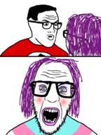 3soyjaks chud eyelashes glasses hair makeup nazism open_mouth purple_hair soyjak stubble swastika tranny variant:nerdjak // 739x987 // 68.9KB