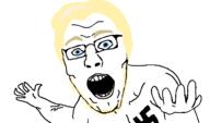 arm blond blonde_beard blonde_hair_ blue_eyes buff clothes ear forehead_lines glasses hand muscles nose open_mouth soyjak stubble subvariant:yurjak_double swastika teeth trend:aryan variant:yurjak // 750x442 // 15.4KB