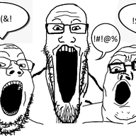 3soyjaks fuck glasses open_mouth soyjak speech_bubble stretched_mouth stubble swearing text trend:soyjak_trio variant:gapejak variant:markiplier_soyjak variant:tony_soprano_soyjak // 832x568 // 81.3KB