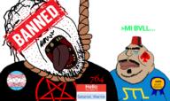 764_(cult) Astrofene_(namefag) ack acne award badge banned_user black_shirt blue_shirt brown_skin closed_eyes closed_mouth clothes crimean_tatar crying double_chin facial_mark fat fez greentext gynaecomastia hair hanging hat hello_my_name_is_(sticker) missing_teeth mustache namefag_drama noose obese open_mouth order_of_nine_angles pentagram rope rotten_teeth satanist_warrior_(user) soyjak spade stubble suicide text tongue unibrow variant:bernd variant:meximutt white_background // 1175x695 // 330.8KB