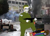 aryan blood bloodshot_eyes brown_skin crying flag:israel flag:palestine full_body gun gunshot irl_background israel lgbt military_uniform palestine purple_hair side_profile tranny variant:bernd variant:chudjak wound // 1125x811 // 230.8KB