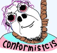 bloodshot_eyes brown_troonjakown closed_mouth crying distorted hair hanging purple_hair rope smile soyjak text tranny trend:slopjak unbothered variant:bernd // 768x719 // 477.1KB