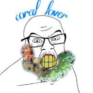 angry clenched_teeth closed_mouth coral glasses mustache soyjak text variant:feraljak yellow_teeth // 1080x1080 // 466.7KB