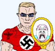 bloodshot_eyes blue_eyes crying eyes_like_the_o-o-cean glasses hair mirror national_socialism nazism purple_hair scared subvariant:chudjak_front subvariant:muscular_chud swastika tranny trans trans_flag troon variant:bernd variant:chudjak yellow_hair // 1059x973 // 179.6KB