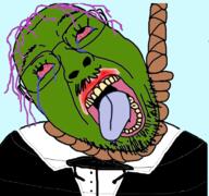 animal bloodshot_eyes clothes crying frog glasses green green_skin hair hanging mustache open_mouth pepe purple_hair rope soyjak stubble suicide suit tongue variant:bernd yellow_teeth // 768x719 // 413.3KB