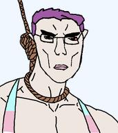 ack bloodshot_eyes buff clothes flag:transgender_pride_flag gigachad hanging joke meme nas:gigachad noose pink_lips purple_hair rope subvariant:unbotheredchud suicide tank_top tranny trans transgender_flag troon variant:chudjak white_skin // 1242x1394 // 46.7KB