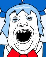 anime blue_hair bowtie cirno clothes hair_ribbon open_mouth soyjak stubble touhou variant:alicia video_game // 418x511 // 64.6KB