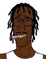 blunt crooked_teeth dreads glasses grin hair lips long_hair nigger nose_piercing nose_ring piercing red_eyes shitskin smoking smug squinting tank_top variant:mulletjak weed // 838x1072 // 57.0KB