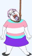 ack arm bloodshot_eyes clothes crying dead flag full_body glasses hair hand hanging leg mustache open_mouth purple_hair rope shoe skirt soyjak stick stubble suicide template tongue tranny tshirt variant:bernd yellow_teeth // 1375x2392 // 391.2KB
