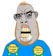 award blue_shirt coomer cross_eyed ear grey_eyes grey_skin orange_hair saliva stubble subvariant:hairson text variant:cobson yellow_teeth // 1172x1243 // 84.3KB