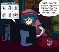 anime arm bed closed_eyes closed_mouth clothes computer cup folder full_body glasses hat leg remilia_scarlet room sleeping soy_parody soyjak stubble touhou underpants variant:soyak video_game // 860x760 // 572.4KB